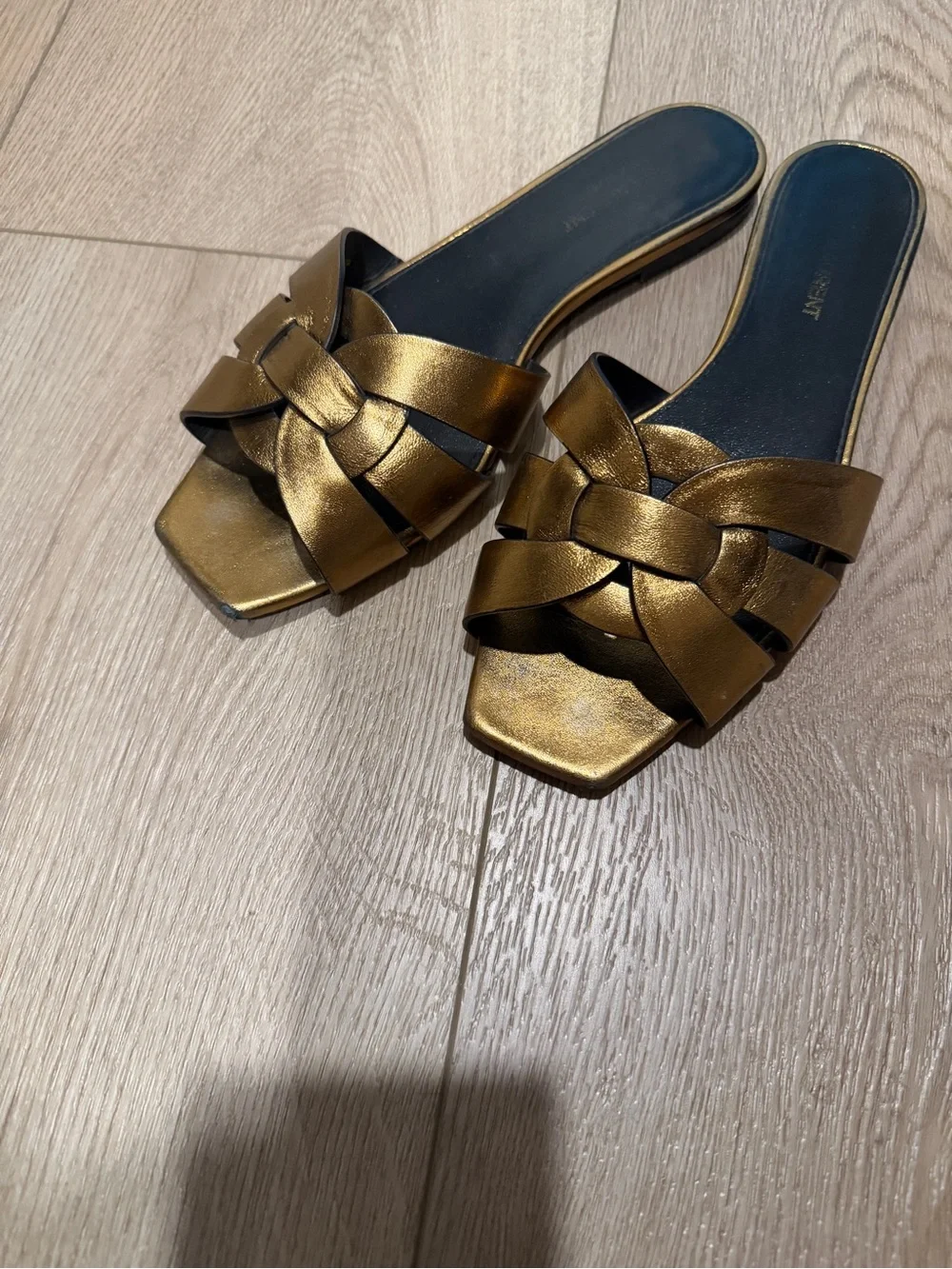 YSL Saint Laurent Women’s Metallic Bronze Slide Sandals - Braided Upper 7.5/38 - Picture 2 of 7
